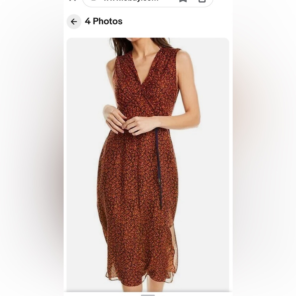 Theory silk crepe lined sleeveless dress rust w/ navy accents. Size 4.